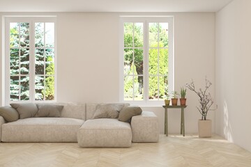 White living room with sofa and summer landscape in window. Scandinavian interior design. 3D illustration