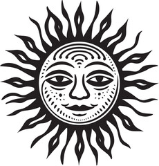 Sunburst Celebration Hand Drawn Cartoon Vector Logo Glowing Grin Cartoon Sun with Face Black Icon