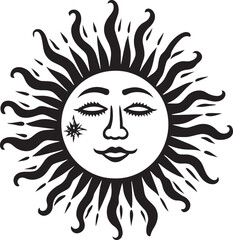 Sunburst Bliss Hand Drawn Cartoon Vector Logo Glowing Grin Cartoon Sun with Face Black Icon