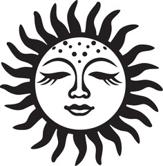 Sunbeam Joy Hand Drawn Cartoon Vector Emblem Gleaming Glow Cartoon Sun with Face Black Logo