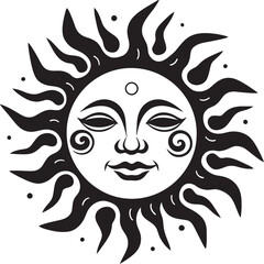 Cheery Sunshine Cartoon Sun with Face Vector Logo Sunbeam Symphony Hand Drawn Sun Black Emblem Design