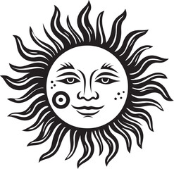 Sunburst Celebration Hand Drawn Cartoon Vector Logo Glowing Grin Cartoon Sun with Face Black Icon