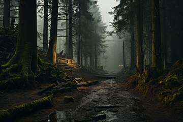 A dirt road winding through a dark Temperate broadleaf and mixed forest - obrazy, fototapety, plakaty