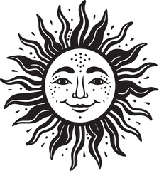 Glowing Grin Cartoon Sun with Face Black Icon Joyous Glow Hand Drawn Sun Logo Design