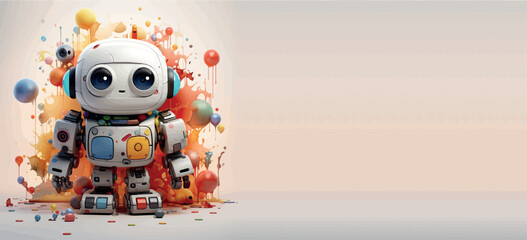 Robotics for kids banner vector, empty space for advertising. Robot programming, robotics courses, IT technologies of the future. Stylized cute 3d robot character, concept art. Cartoon toy robot print