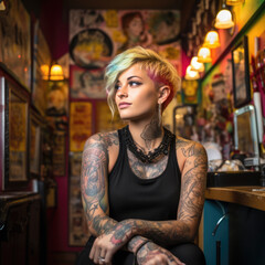 Portrait of a cool confident young woman business owner with arms crossed in a tattoo parlour