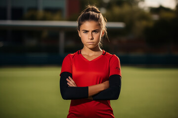 Serious young girl with her arms crossed on the sports field looking at the camera and ready to play