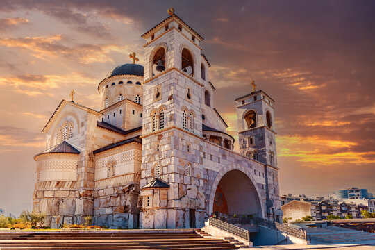 Cathedral of the Resurrection of Christ, Serbian Orthodox Church in a quiet area of Podgorica at sunset, Montenegro, Balkans, Europe.