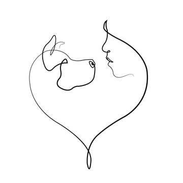 recommend clip art: Dog Line Art, One Line Drawing, Heart Girl Dog, Female Portrait, Pet Memorial Art, pet Love Poster, Minimal Decor,  Dog lover, Pet and woman, continuous line drawing of pet lover with dog. 
                    