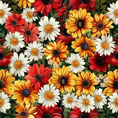 Fototapeta na wymiar Various flowers in seamless pattern with white and yellow petals