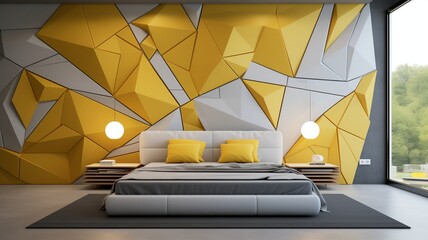 A futuristic 3D wall design in the bedroom with yellow and white geometric patterns, inspired by technology and innovation.