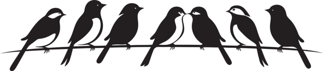 Feathered Fiesta Black Logo with Cartoon Birds on Wire Chatter Charm Cute Birds on Wire Cartoon Emblem