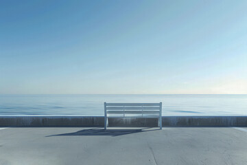 Fototapeta na wymiar A white bench is sitting on a concrete ledge overlooking the ocean, peaceful and serene scene