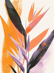 A painting featuring a plant with vibrant orange and purple leaves, creating a striking visual contrast.