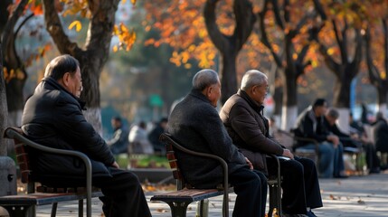 old men sitting at autumn park, relaxation nature atmosphere, public scene with people bustling at outdoor, Generative Ai