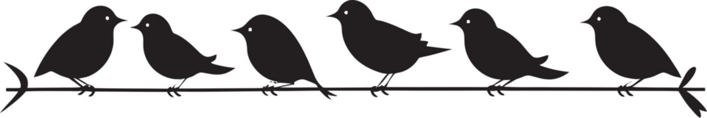 Tweeting Troupe Cute Bird Cartoon Black Logo Icon Winged Whimsy Cartoon Birds on Wire Vector Emblem Emblem
