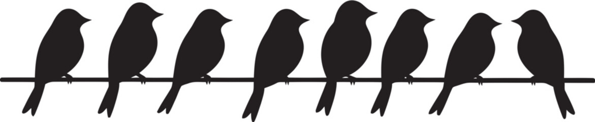 Perched Playtime Cute Bird Cartoon Black Logo Design Joyful Jive Cartoon Birds on Wire Vector Emblem Icon