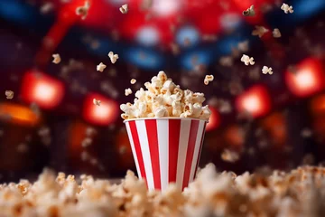 Schilderijen op glas Close up image of a red and white striped popcorn cup with lots of popcorn in a movie theater generative AI © deagreez