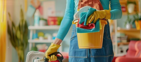 Basket with cleaning items and cleaner on blurry home interior background, Cleaning service. banner