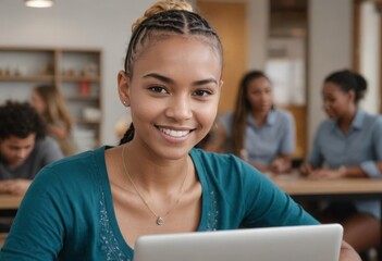 A young female student smiles while working on her laptop in a classroom setting. Her engagement with her studies is evident.