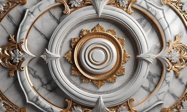 background, model of ceiling decoration with 3d wallpaper. decorative frame on a luxurious background of gray gold marble and mandala