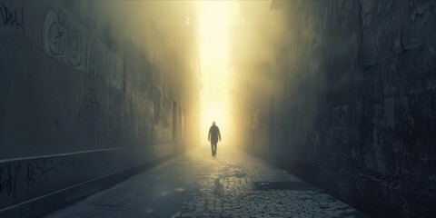 Silhouette of a person walking towards a bright light in a foggy alley