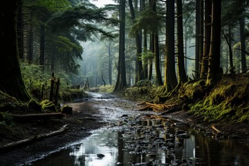 A muddy path through a forest with trees, water puddle, and natural landscape