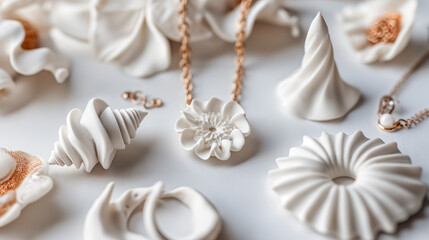 A sophisticated display of white ceramic jewelry, featuring intricate designs and pure, clean lines for a minimalist aesthetic