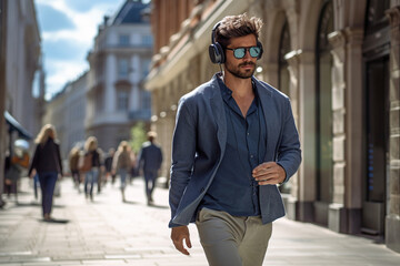 Obraz premium Stylish Man Enjoying Urban Walk on city streets with music on his headphones