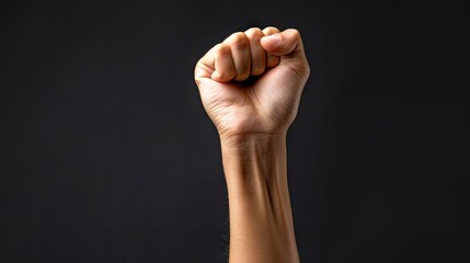 Triumphant victory: Witness a realistic right hand raised triumphantly against a striking black background, celebrating success.