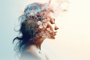 Obraz premium Double exposure of nature landscape mountain forest and woman face made with generative AI