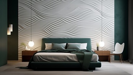 A harmonious blend of emerald and white 3D wall textures in a modern bedroom, offering visual interest and depth.