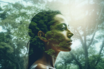 Creative double exposure portrait of attractive woman with forest environment and conservation concept generative AI