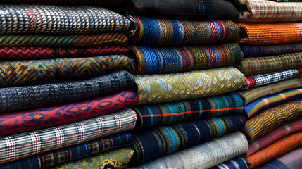 Vibrant image featuring a stack of assorted textiles with diverse patterns and colors, showcasing traditional weaving styles