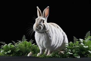 Fototapeta na wymiar A rabbit is sitting in a lush green field