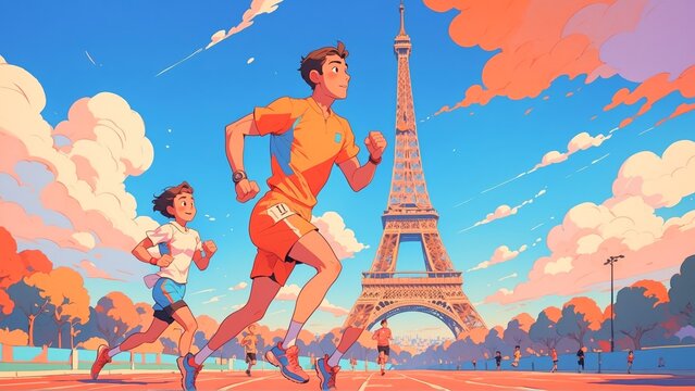  A boy with father running near Eiffel Tower, Olympic games