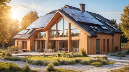 Photovoltaic system on the roof. New suburban house. Modern eco friendly passive house with solar panels on the gable roof climate renewable energy