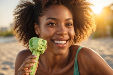 Portrait of a young smiling African American woman eating a green popsicle ice cream on summer day at the beach.