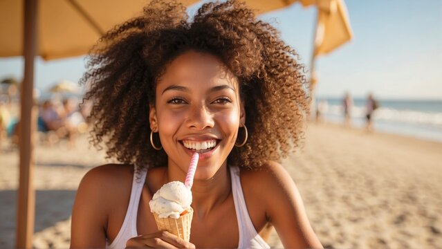 Portrait of pretty young smiling African American woman eating a popsicle ice cream on hot summer day at sand sun beach - Powered by Adobe