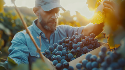 Amidst the Vines: A Harvester Carefully Selects Pinot Noir Grapes as the Sun Sets