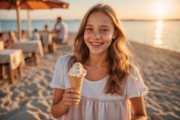 A beautiful girl with wavy hair walks on the beach on a summer day, laughing and holding an ice...