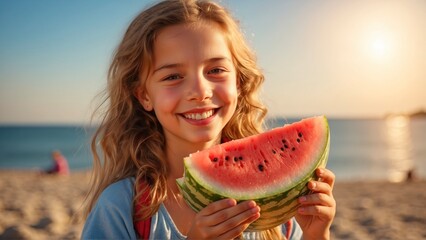 Happy young smiling girl eating a Watermelon on summer day at the beach. 