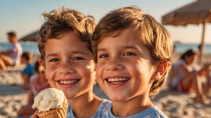 Two boys laughing and eating ice cream cones on the beach boardwalk in the summertime - obrazy, fototapety, plakaty
