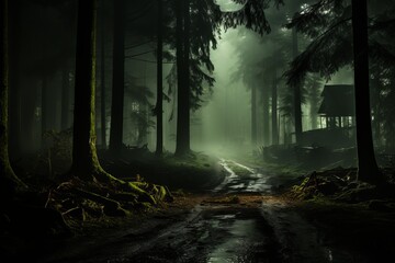 A house is surrounded by tall trees and fog in a dark forest