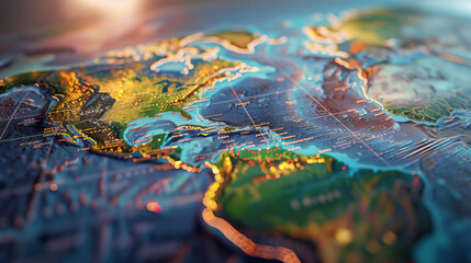 Close-up view of a textured world map highlighting geographical topography and regions in vivid...