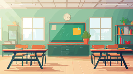 Empty school classroom with green chalkboard teache
