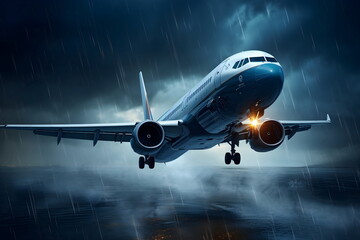 airplane flying up in a storm weather