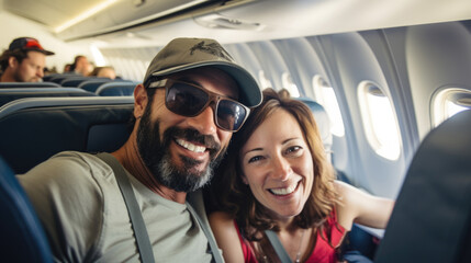 Joyful young couple travelling by plane doing selfie, holiday vacation concept. AI Generated content