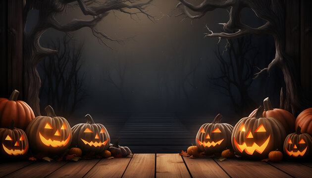 Halloween 3d rendered Luxury background with pumpkin vibe, Spooky Halloween forest pumpkins on a wood table