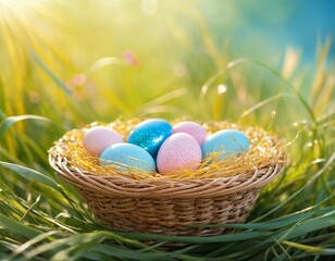 Fototapeta na wymiar Multicolored Easter eggs in a wicker basket 